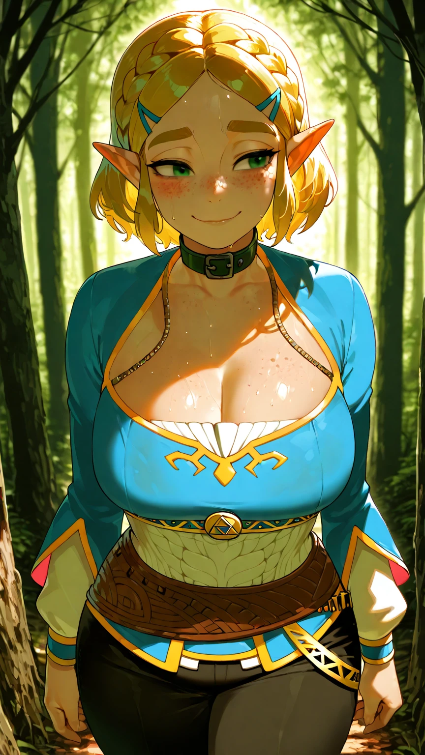 An anime elf girl with azure blue eyes and straight blonde hair, huge breasts,she is wearing a short forest green dress with yellow threads, around the neck a grey collar, long white gloves, you can see her breasts because she has a large cleavage down to her stomach but the dress is buttoned up above her breasts,stands beautifully lit in the forest,Smiles,