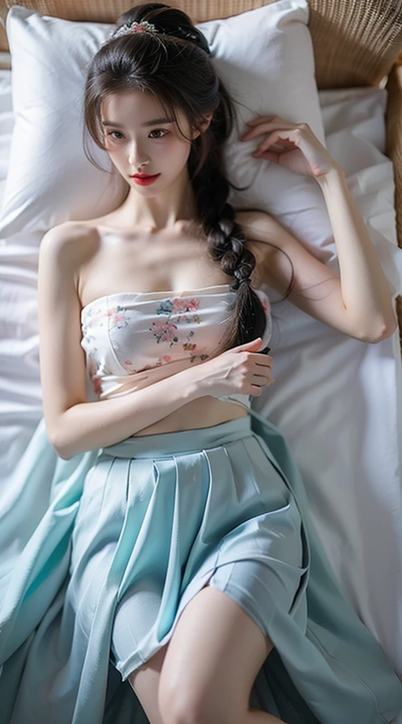 Best quality, masterpiece, super high resolution, (realistic: 1.2) 1 girl, sexy appearance, warm light, summer, lying flat position, a woman in a white translucent floral skirt lying on the beach, lip biting action, sexy and confused eyes, half-exposed chest, one side of the clothes shoulder strap falling on the arm, beautiful long legs, one leg bent, one leg straight, full body close-up, super detailed, perfect proportions, satellite view display
