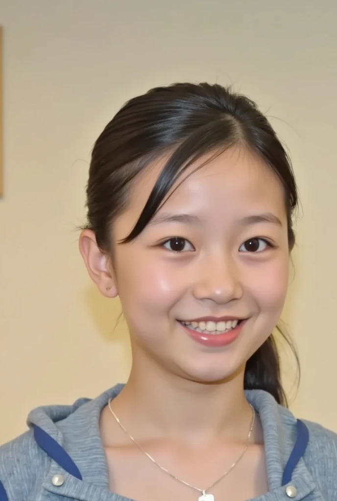Beautiful 11 year old Japanese woman), cute face, (deeply carved face:0.7), (freckles:0.6), dramatic lighting, shy, pony tail, (smile), (sparkling eyes), slender, Athletics, white tank top