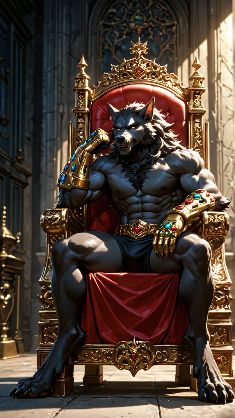 detailed, detailed eyes, detailed face, detailed hands, adult male, solo, anthro jackal, sitting in an throne with crossed legs, nude, naked, angry expression, angry look, grey fur, red eyes, glowing eyes, sand powers, imposing, full-length portrait,