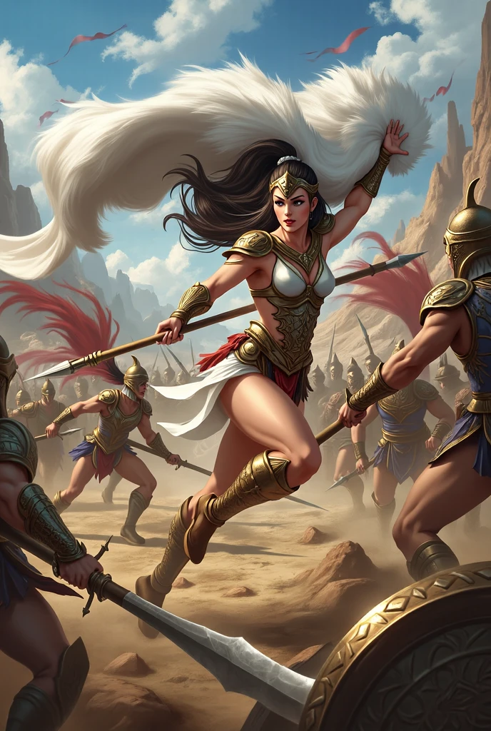 Abhimanyu from Mahabharat fighting the entire army alone, injured, tired, brave, holding chariot wheel over his hand, arrows and swords slashed inside his body, surrounded by Kauravas warriors. Imagine it in 90s Japanese anime style. Abhimanyu is looking brave and determined. Abhimanyu wearing full body Armor with dhoti and Armor, wrist gauntlet, his long hair open and flowing in the air, blood somewhere on his body, his age is 16 years. Warriors are both Indian style warriors.