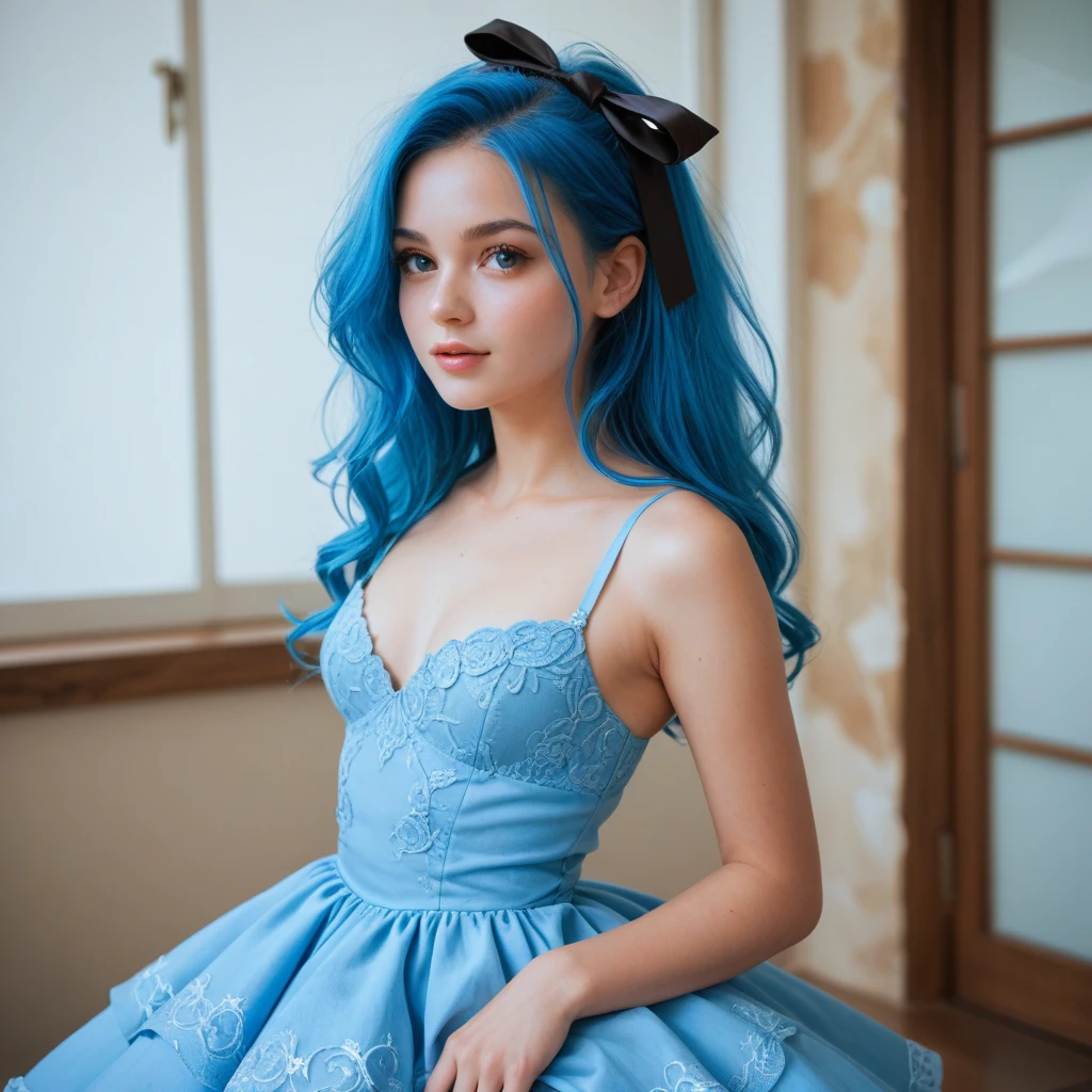 4k, 8k, best quality, ultra high res, (photorealistic:1.1),(masterpiece:1.2), best quality, masterpiece, highres, original, extremely detailed wallpaper, (ultra-detailed), (best illustration), (eyes detailed), (best shadow), (realism), realistic, 1girl, medium breasts, blue hair, long hair, (black formal dress:1.1), long dress, ballroom ((two hands behind the back:1.1)), gwen \(league of legends\), close up, <lora:more_details:0.65>, <lora:gwen-000037:0.7>