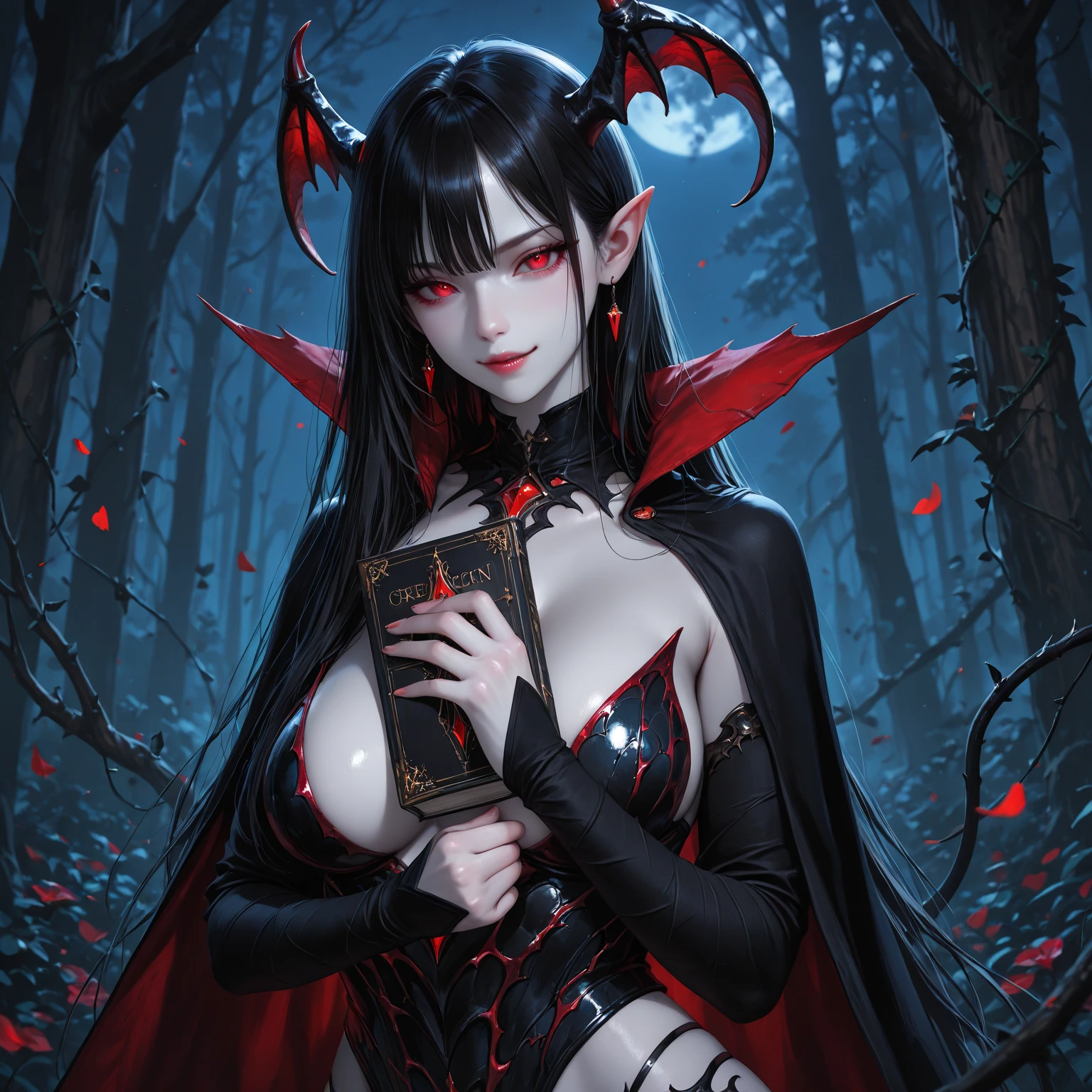 make a picture, gothic female figure, tattooed on body and legs, the cavity in the mouth is wide open, showing sharp teeth,
The hand holds a red heirloom ax filled with dripping red liquid, wide open body cavity showing teeth_sharp teeth and a long tongue with red liquid inside,
tattooed on hands and feet, stand,
Very large sharp spiked fractal chains wrap around the body, Wild mystical feel, Other mysterious dark elements such as light smoke and thorns are also present in this image. This image has a strong theme and is full of mysticism.
latarbelakang
gambar ini adalah dalam hutan gothic scary,
the curled, thorny branches of an old tree, scary,Gothic feel