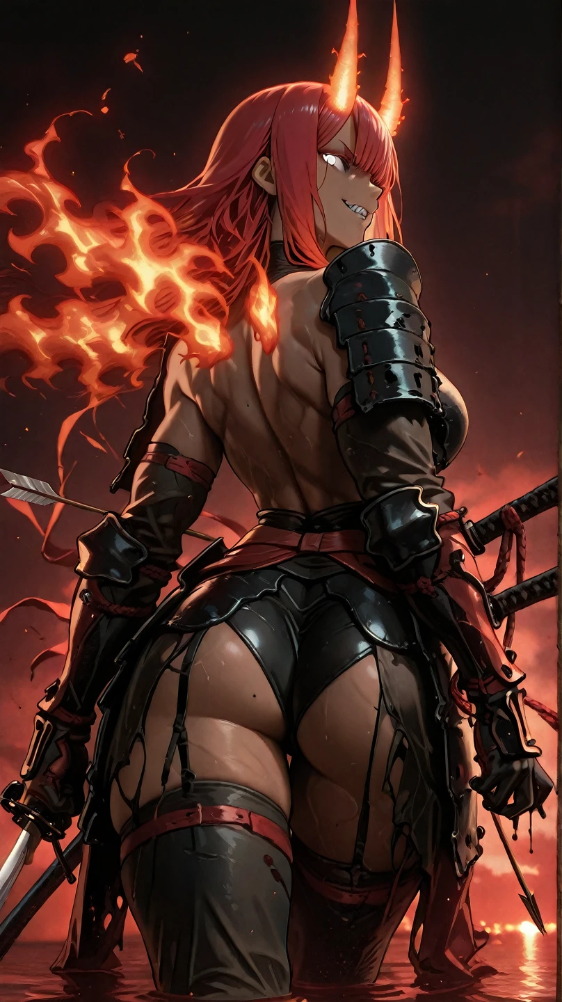 ((1 girl, size defference. a horned demon girl , gigant, kneeling, nude torso, nipples, nude breast, nipples pierced, magma in skin, red eyes, big bat wigs, floating between heaven and hell, holding in her hands a bloody heart, nude, naked, medium breast, size difference)), ((1 boy, standing, 1other, holding shield, weapon, glowing eyes, holding weapon,  sword,  holding sword, from behind))