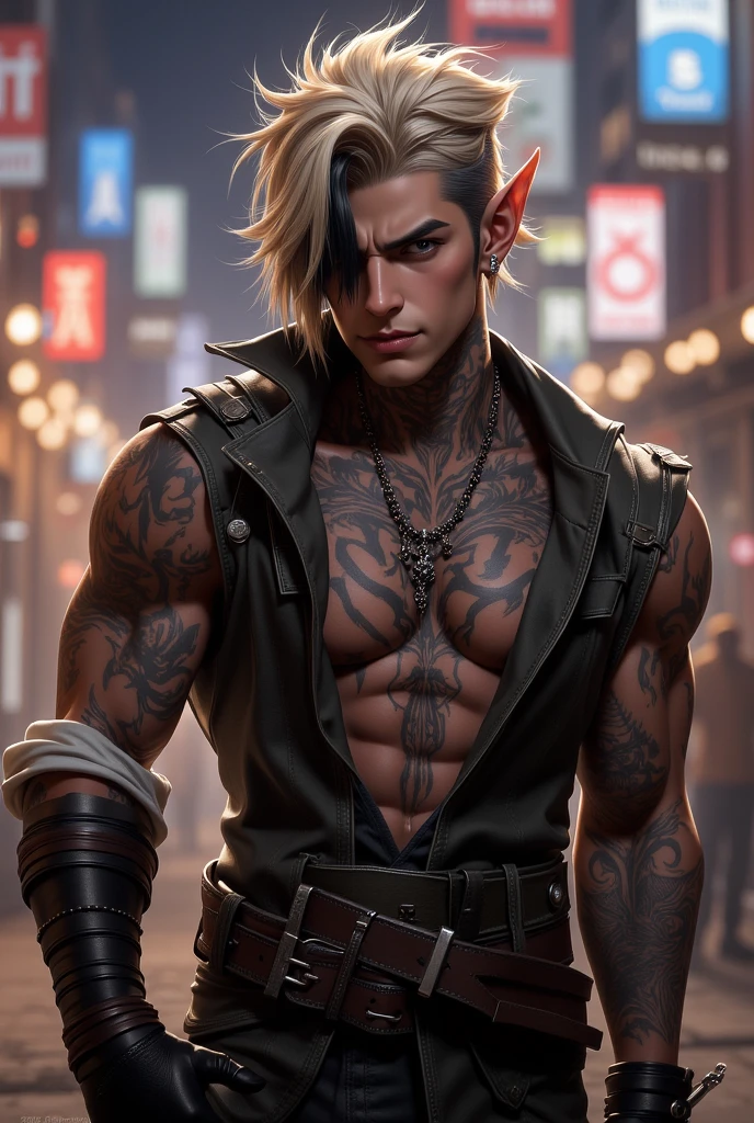 1guy, solo, sticking tongue out, green eyes, green hair, short hair, muscular, tattoos, black tank top, smug, punk, best quality, high quality, highly detailed