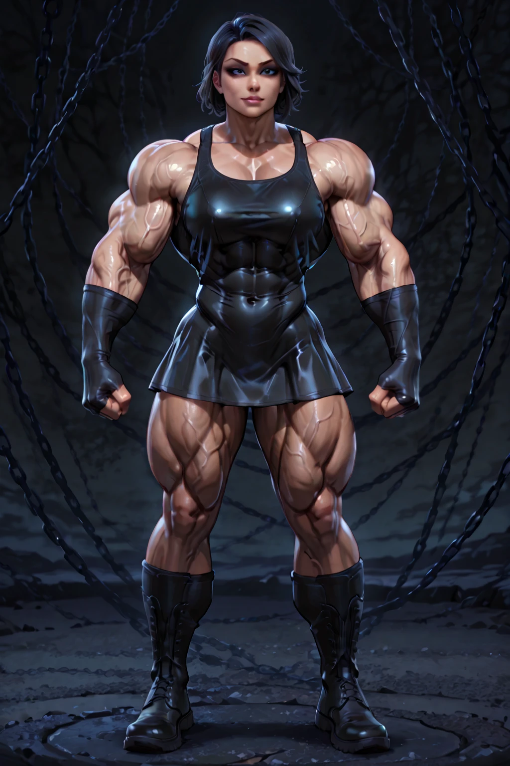 Woman muscle tied up trying to break free chains biceps angry