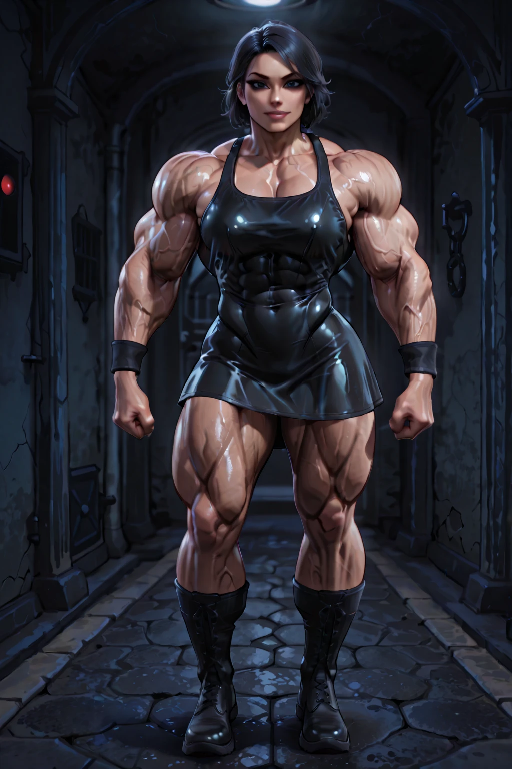 (((((Massive, tall, beautiful, buff, wet, brown skinned muscular woman with wet white hair, black lipstick, ginormous bulky muscles, wearing a long-sleeved black buttoned blouse with a beautiful skirt))))), close view, (black lipstick), massive muscle, massive biceps, hyper muscle shoulders, (ginormous muscle arms), hyper muscle triceps, (long hair), blue eyes, choker, (chain belt), black boots, long-sleeve blouse, (fingerless gloves), (standing in a wet windy city), sensual glare, night, hyper vascular arm, hyper muscles arms, hyper muscle legs, (ginormous arms).