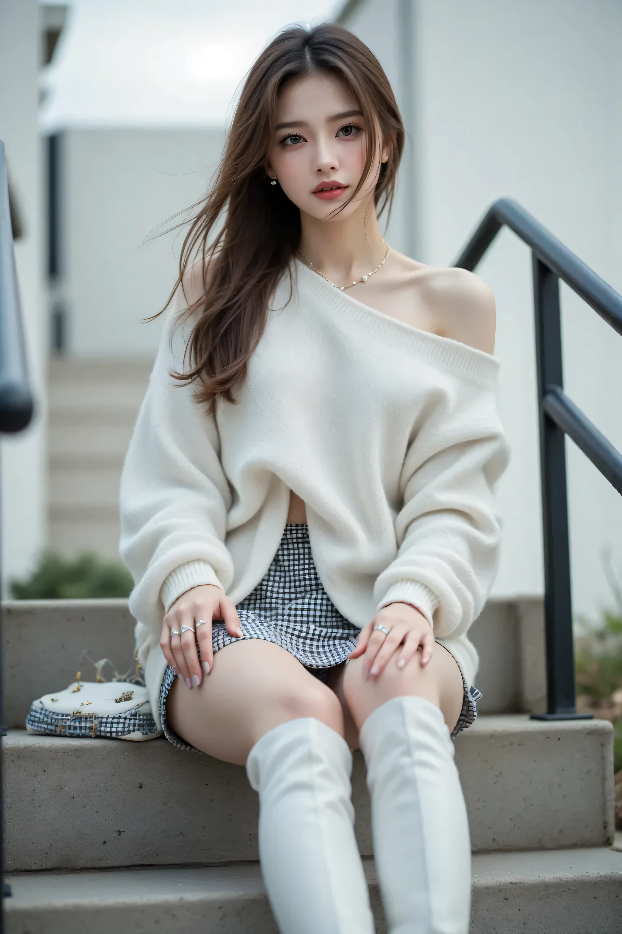 best qualtiy, Full body like，Refined face，pretty  face，25 years old woman，slimfigure，Long hair over the shoulder，Shy，Smaller bust，Harnes，Beige calf socks，The left leg is tied with a black strap 5 cm wide，warmth，Keep your legs together，Outdoor scene，Casual gestures，