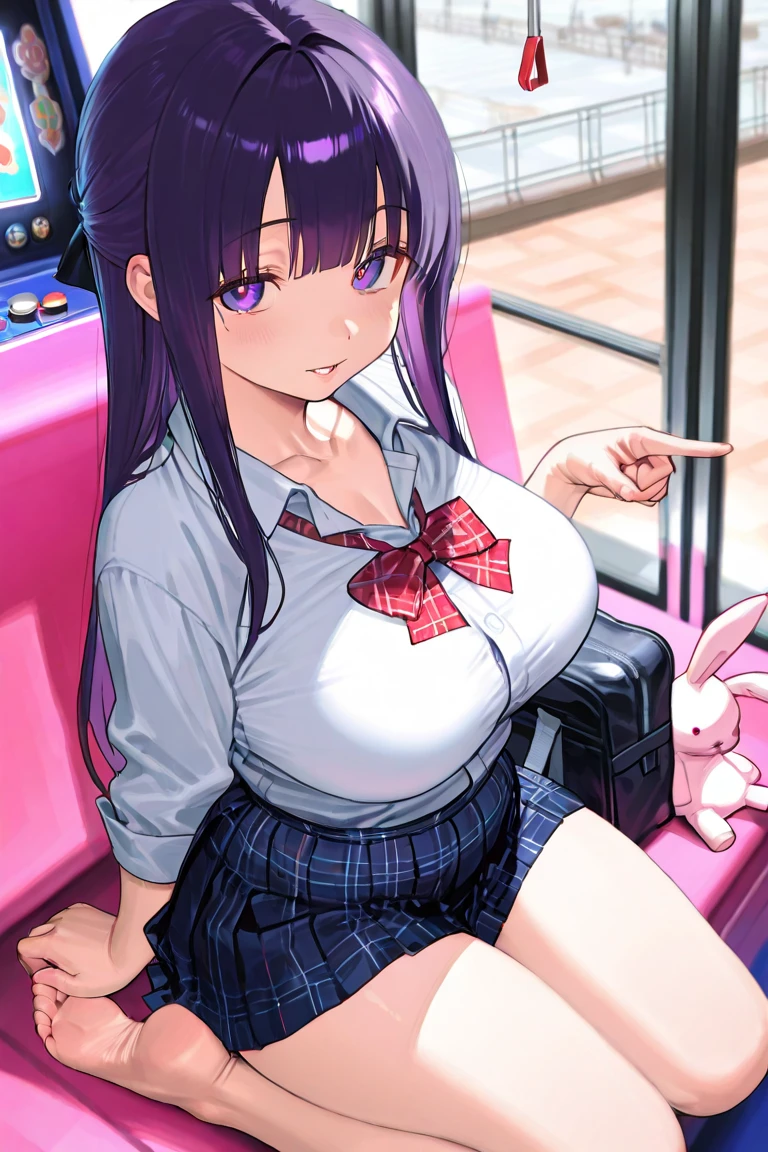 masterpiece, best quality, ultra high res, ultra-detailed, inside a public bus, night, night city illumination, beautiful night city landscape, 1 girl, slut, Ai, purple hair, purple starry eyes, hair ornament, red lipstick, red eyeliner, dark brown skin, hairy pubic hair, gigantic tits, giant cleavage, wet, (unbuttoned white shirt, pleated black mini skirt, black lace-trimmed tights, black short boots, school red ribbon: 1.2), horny, sexy, (ai is laying spreading her legs wide open on the back row of a bus while having a huge dildo in her pussy with lots of cum and while having a horny sexy face and her slutty tongue out dripping saliva: 1.6)