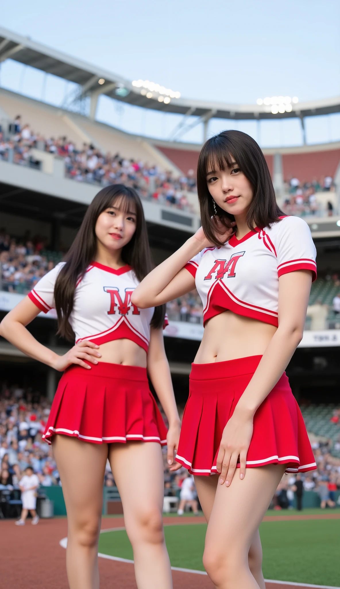 Japanese Girl,Korean woman in her early 20s, short skirt showing hips, tee that sticks to body, big boobs, cheerleader, baseball stadium , 경기장 관객석 앞에 서있는 cheerleader, TWIN logo on chest, white skin, long black hair,