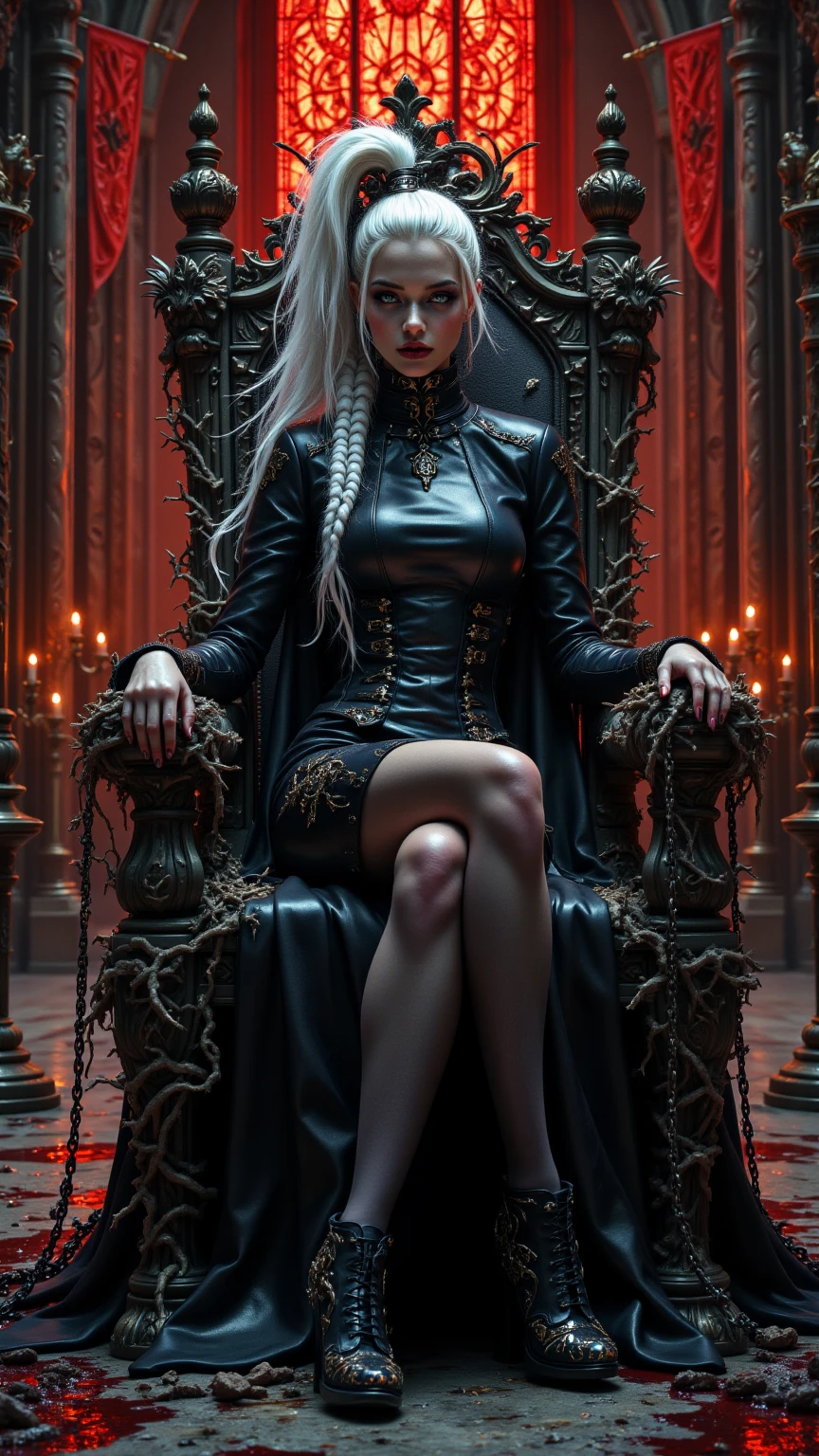 Woman in a black dress sitting on a wooden and leather armchair, beautiful female vampire queen, beautiful vampire queen, beautiful elegant demon queen, beautiful sorceress, An elegant gothic princess, Gothic Maiden, a beautiful sorceress, beautiful female vampire, succubuedieval, Beautiful female of the sorceress, Gothic portrait of the princess, Succubus in elegant dress, highlighting the silhouette.,(masterpiece), (best quality), A vampire, vampire woman, with platinum hair, long hair, heavy and platinum hair, very white skin, skin white as snow, red eyes, ruby ​​eyes.  [(Pose: (sitting on an armchair), (legs crossed), hands crossed on the knees,.(sitting sideways),(Anxious), wooden and leather throne, (black leather, red leather)]. [( Gala dress), (large neckline), irregular edges, gothic and sexy style, marked breasts, draped legs with long cut), high heels,.SALTO STILETTO.)], [(The lighting: Volumetric lighting), backlight , soft light.- 4k