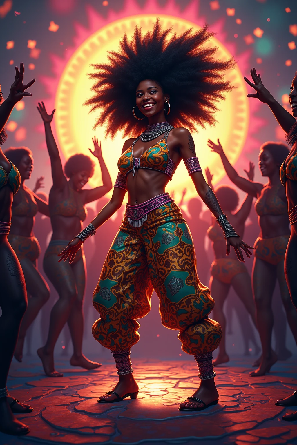 Movie CG rendering in 8K resolution: A breathtaking scene of a Brazilian carnival party. A beautiful black woman, dressed in vibrant colors, is captured in the full shot, with her impressive afro dancing freely in the joyous atmosphere. The environment is filled with the excitement of the crowd and the rich textures of the carnival decorations. The sun sets behind the scenes, casting long, golden shadows on the festive ground. Every detail, from the beads on her necklace to the possibility of intricate patterns on her clothing, is captured in mega-detailed CG artwork. The colors are rich and bold, with high contrast and magical lighting that brings the whole scene to life