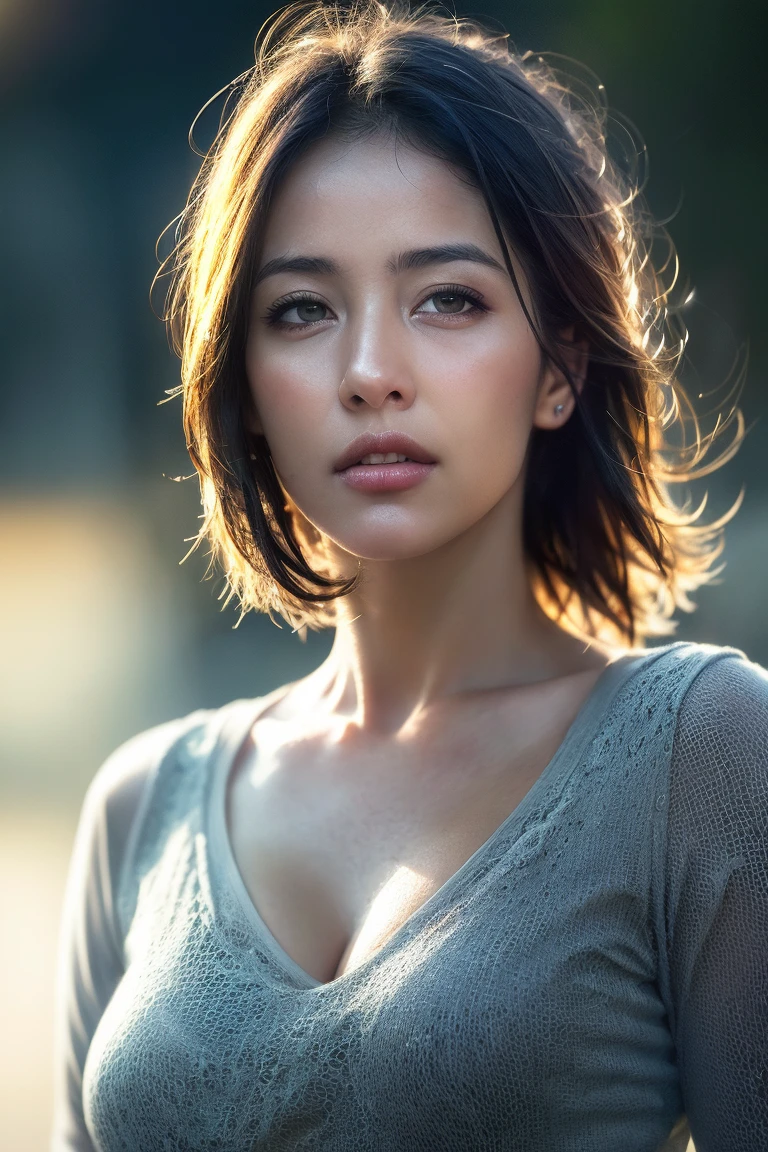 (8k, photorealistic, RAW photo, best quality: 1.4), (front focus), beautiful face, (realistic face), ( short hair:1.3), beautiful hairstyle, realistic eyes, beautiful detailed eyes, photo of beautiful (((dark skin girl))), dynamic lighting, volumetric lighting, 1girl,in the dark, cowboy shot, big boob,