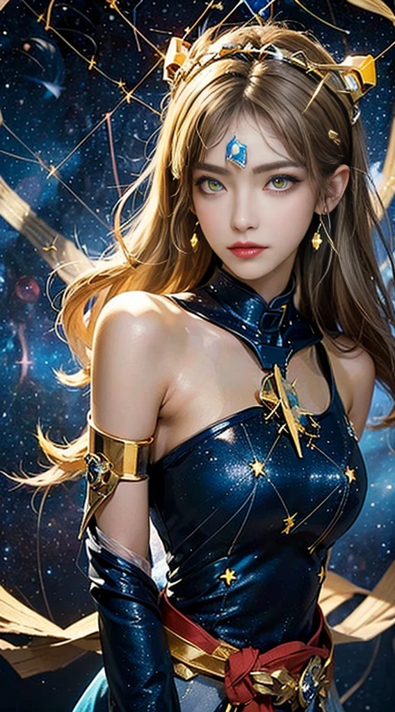 artwork, Surrealism, Very detailed, Intricate details, painting, best quality, universe, Starry Sky, A woman holding a double plate scale, Pound sign concept, Golden Ratio, beautiful, universe concept, 8K, light, Starry Sky background, Vibrant colors, Ultra HD, author:Greg Rutkowski