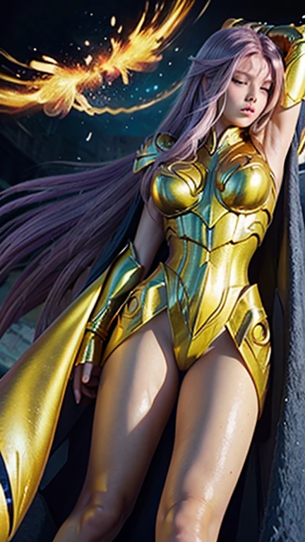 ((best quality)), ((masterpiece)), (ultra detailed lights), ((full body shot)), ((skinny body)), indonesian girl, extremely beautiful, ((slim body)), thighs gap, ultra face details, 20 years old, ((pink curvy-hair)), ((hair blown by strong winds :1.3)), Award-winning photograph, ((symmetrical pose)), teen goddess in ((full body golden black armor)) are in the middle of battlefield, posing in the middle, intricate details, ((thight golden armour)), ((extremely details armor)), ((tight latex panties)), ((24k-gold armor)), ((edge luminous armor)), luminescent, epic lights reflections, at beach, full of stars, orange clouds, nebula sky, epic aurora borealis in the background, shooting stars, ((from below))
