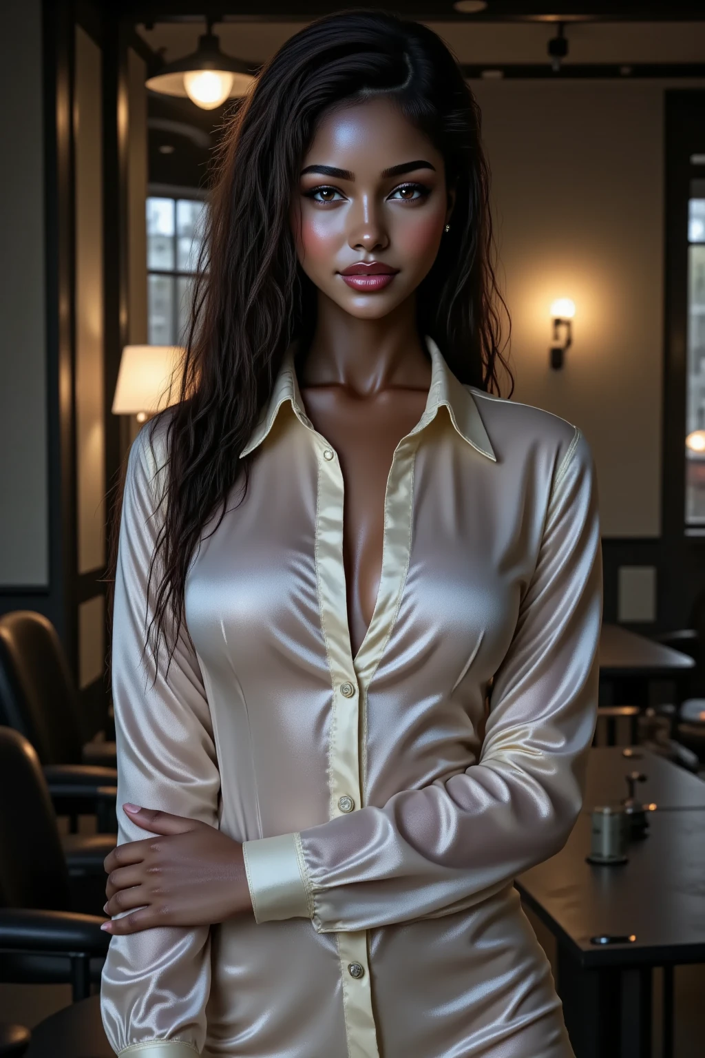 (masterpiece), (realistic), (highest quality), (8K), Super detailed, UHD, born, (1 female), beautiful young woman, young daniel nicolet:0.4, young Lais Ribeiro:0.2, young maya jama:0.4, big, beautiful brown eyes, Beautifully detailed and realistic brown almond eyes, beautiful brown hair, small nose, greek nose, perfect straight nose, the most beautiful straight nose, outstanding beautiful woman, transparent red lipstick, wearing a white shirt dress, (Sits on a bar chair by the counter in a seductive pose in a stylish bar at night:1.1)、