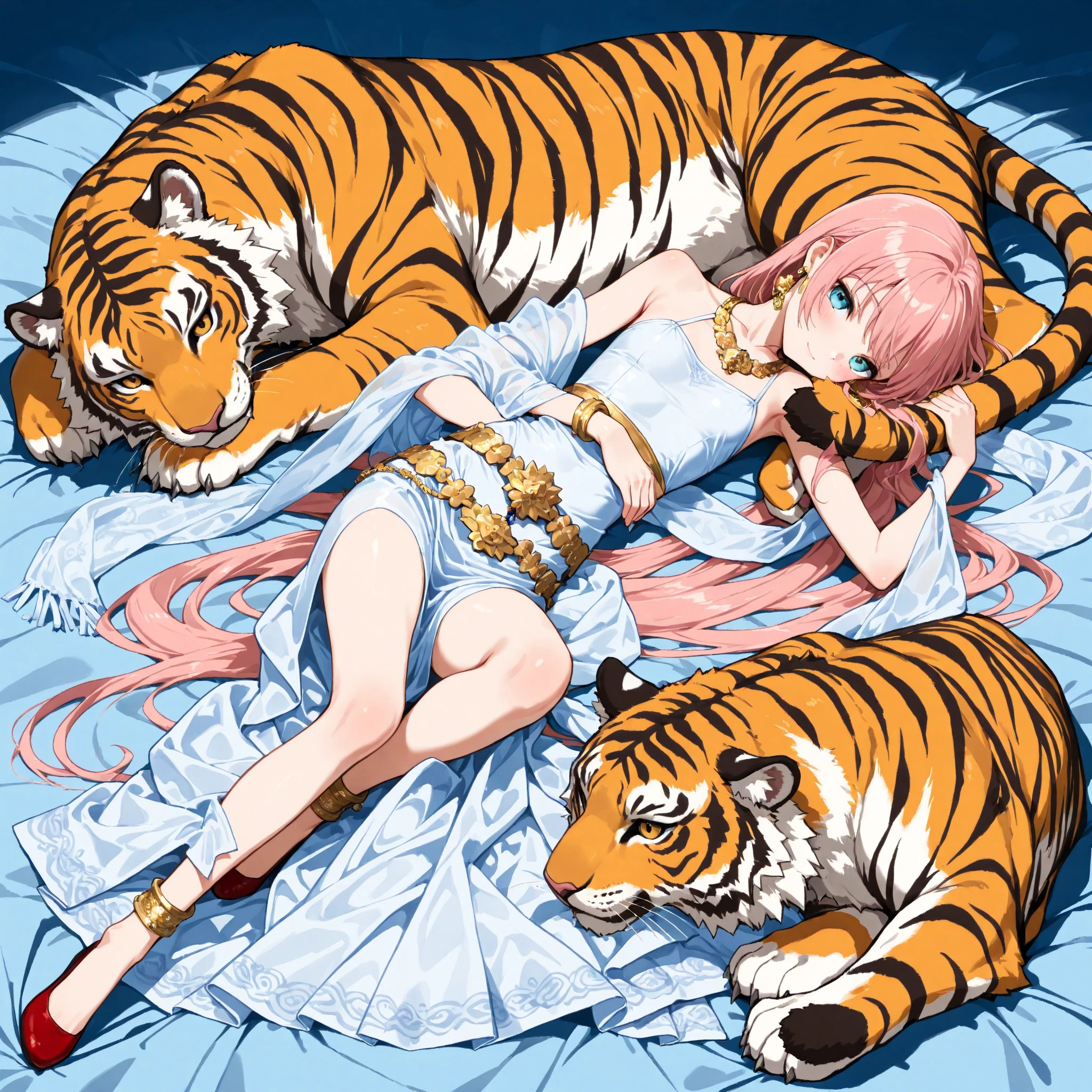 ((full body,1girl,solo,)),8k,beautiful,best quality,exquisite,extremely detailed,finely detailed,masterpiece,ultra detailed,ultra high res,ultra quality,

Tiger,tiger kingdom,Tiger lying down,A girl lying down in the same position as a tiger,
young face,((flat breasts,)),Skinny,tiny,petite,short,full embarrassed,light smile,

Bright Pink Hair,absurdly long hair,

Traditional Thailand Clothing,Ornate Gold Thai Belt,Gold Bangles, Gold earrings, Gold Necklace, ,Chut Thai Dress, Sabai Shawl over right Shoulder, Shawl hanging straight down, Left Shoulder Bare, bare arms, Sinh Skirt,

