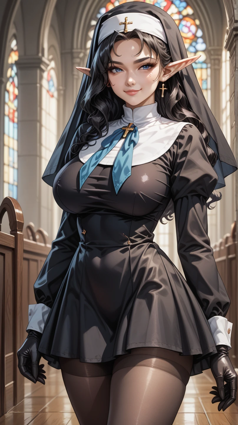 ((highest quality))、((masterpiece))、(be familiar with)、blue nun uniform、black eyes、black hair、white gloves、garter belt、Black braided boots、long skirt、big breasts
