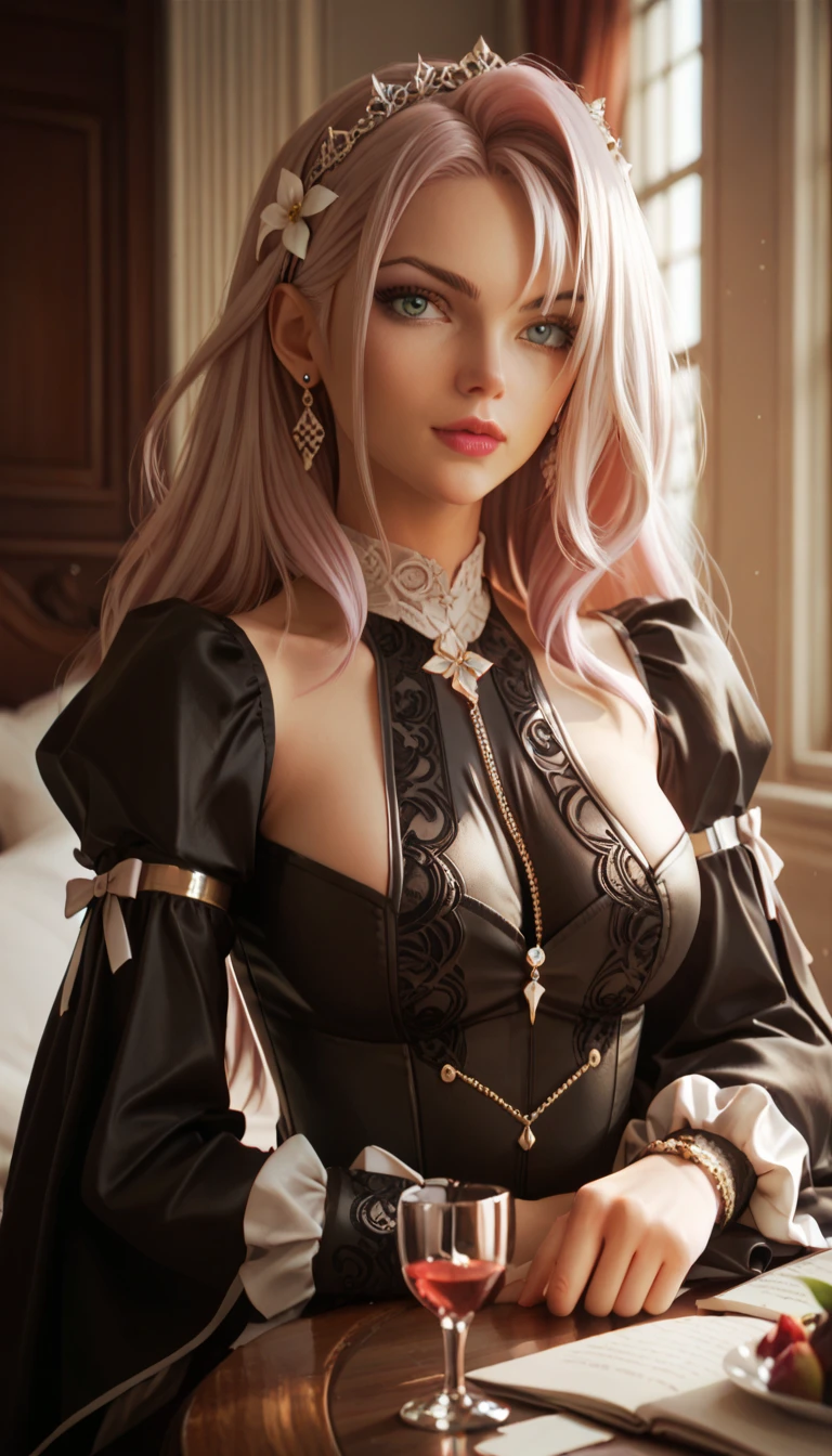 RAW, professional photograph, medium shot, photorealistic, hyper-realistic, ray tracing, super detail, UHD, 8k, female elf, twenty years old, goddess, gold jewelry, athletic body, soft facial features, long hair, straight hair, light pink hair, blue eyes, gothic style, dark Castle, gothic architecture