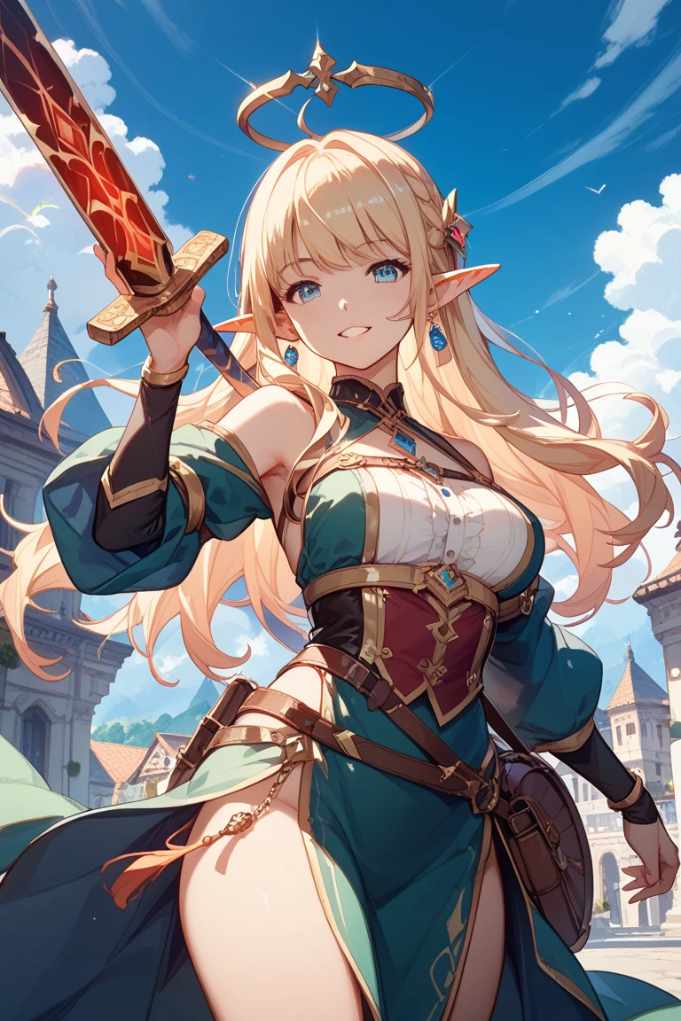 4K,High resolution,One Woman,Elf,Blonde,Long Ponytail,Green Eyes,Big Breasts,Warrior,Blue bikini armor,hair band,Jewelry decoration,Long sword,Plains