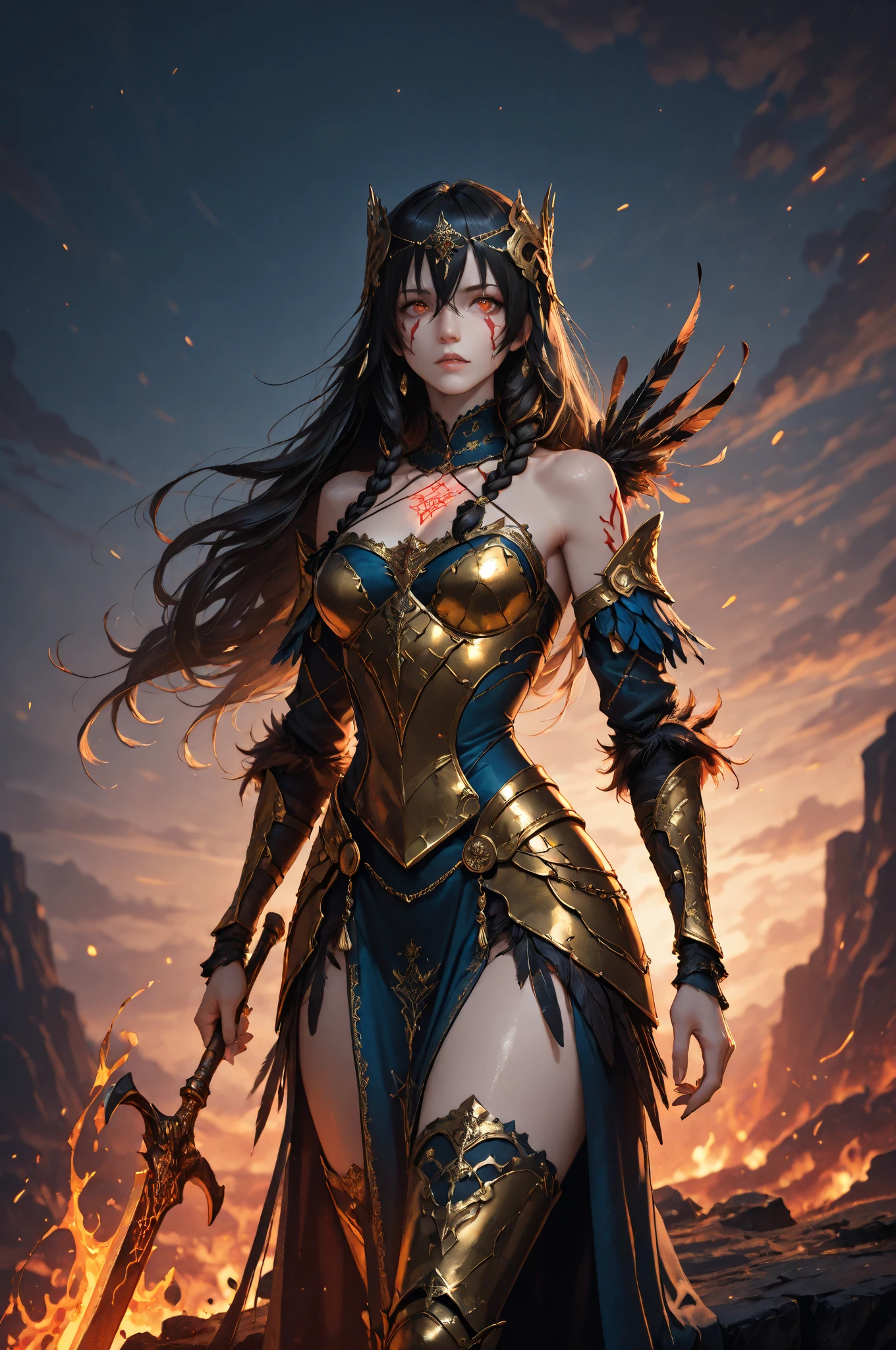 ((Best Quality)), ((Masterpiece)), ((Realistic)), ((Valkyrie)), Standing boldly before a roaring dragon&#39;s head, amidst a smoke-shrouded courtyard of a medieval fortress, due to the dragon&#39;s destructive flames shortly before the collapse stands. Debris and ash dance in the air as stray rays of moonlight find their way through the smoke into the courtyard, casting dramatic shadows. The Valkyrie, impressive in her detailed armour, her stance resolute, holds her sharp-forged spear ready to confront the dragon. Her helm reflects the flickering fire erupting from the dragon&#39;s head. Every piece of their armor and every element of their appearance speaks of their bravery and willingness to fight. The scorpion fish is a masterpiece in its own right, with bright, fierce eyes and sharp teeth protruding from its wide-open maw. Smoke and sparks rise from its nostrils, creating an ominous aura. Its mighty scales gleam in the dim moonlight, every detail testifying to its fearsome presence. The entire scene is lit by the flickering flames that eat away at the stonework of the once-proud fortress. One can clearly see the rough masonry, the cracks in the stones and the dust rising from the collapsing walls. Eye to eye, quaint, masterpiece