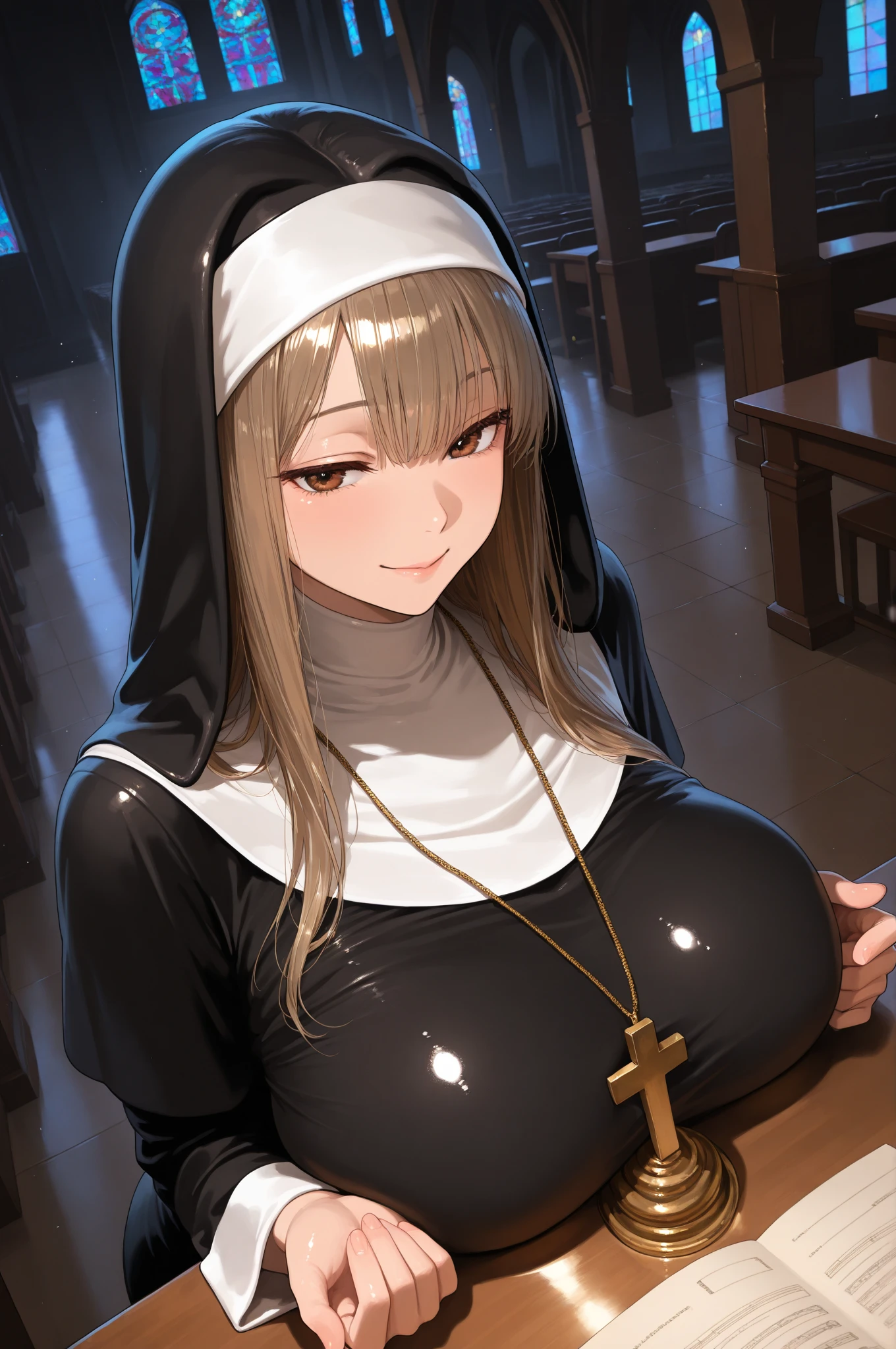 1Women, mature, blue hair, blue eyes, portrait, realistic, sidelighting, wallpaper, huge tits, (nun), church, nude, nipples, pussy,missionary,