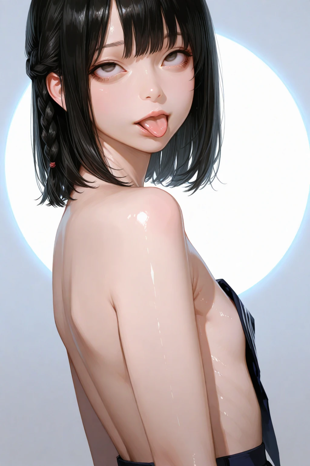 best quality, highres,Slightly slender、brown eyes、tall、(bangs bangs:1.5)、long hair,straight hair、shower room、19 years old、(Completely naked:1.5)、(black hair:1.5) 、(ponytail:1.5) 、8 life size、whole body