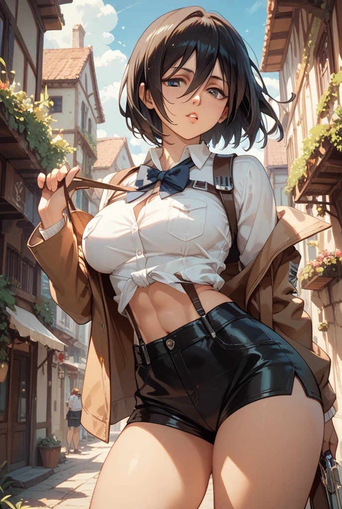 score_9、score_8_up、score_7_up、eye catching、Dull、1dk、masterpiece、highest quality、（Highly detailed skin）、View from below、Unique angles、A unique perspective、Dramatic angle、（girl）、Dark Skin、 body、Hime cut hair、Light blue eyes、Big round breasts、Abdominal muscles、Small waist、Wide Hips、Open shirt、Inner bob、Tattered Shorts、Reading Glasses、pantyhose、Thigh straps、Nose blush、Dynamic pose、Outdoor、landscape、Dappled Lighting、(Backlight: 0.7)