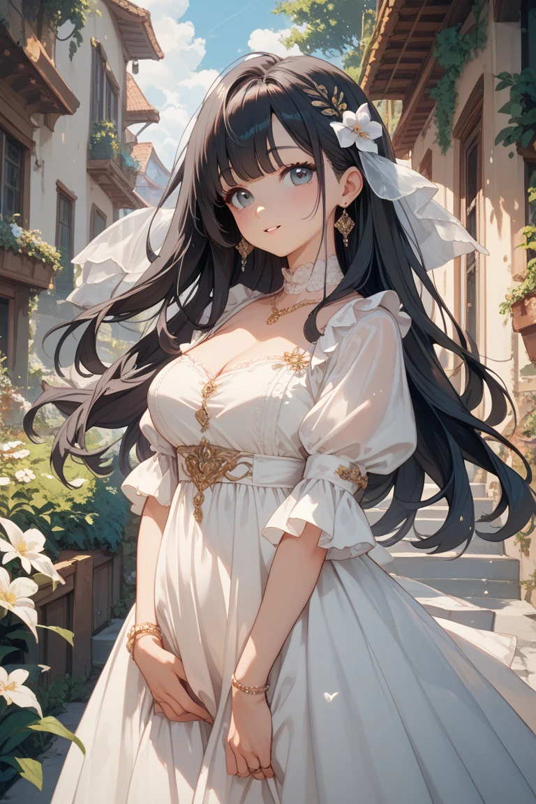 best quality,detailed beautiful skin,1 girl,long curly hair,bangs,brown hair,smile,medium breasts,bust up shot,face to face,full body,from below,Hair blowing in the wind,nude,wedding veil,