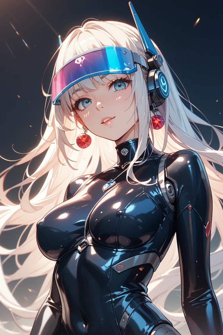 A beautiful silver-haired girl wearing headphones, a sci-fi action set on Mars in the 2500s, a body suit with a black base that emits a glow, a complex pattern that emits light, a smiling face, and blue eyes staring at you. There is. The background is a mechanical device that emits light of various colors.