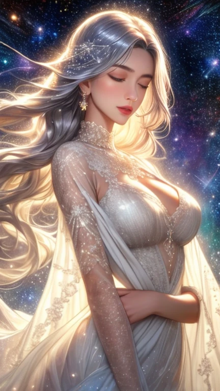 (masterpiece, highest quality, Super detailed, High resolution, figure:0.8), Highly detailed wallpaper, Official Art, wonderful, High detail, Super detailed, Highly detailed 8k wallpaper,Closed whole body, (((Burstingly Big Breasts)))、Bright silver hair, Red eyes with elongated pupils, (outer space with shining stars: 1.3), (One girl, alone),(Gorgeous bright red dress),sexy,Perfect Anatomy,Beautiful Face, Provocative,