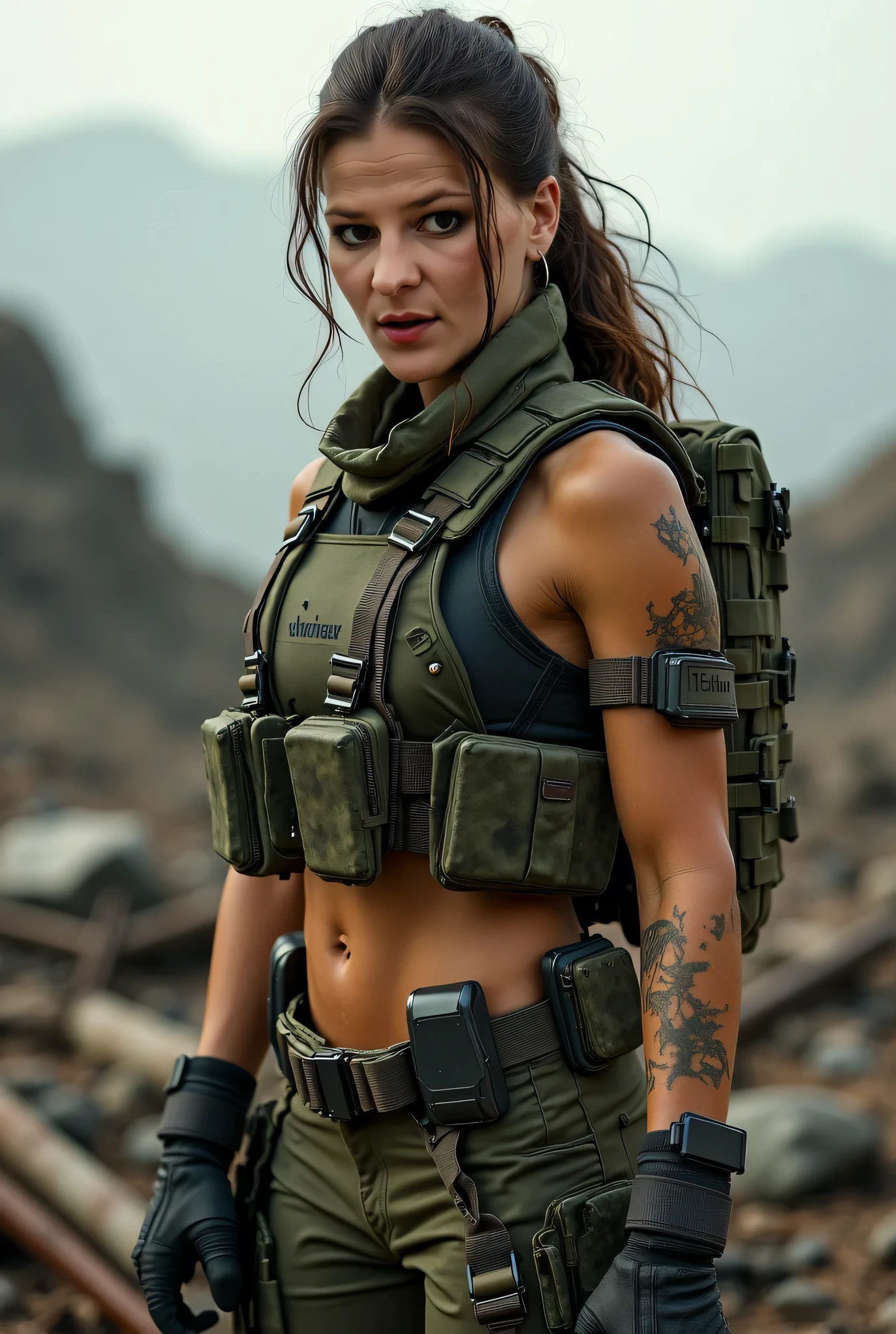 Military women, tomboy, pixie haircut, toned muscular arms and legs, above viewer, angry look, looking back at viewer