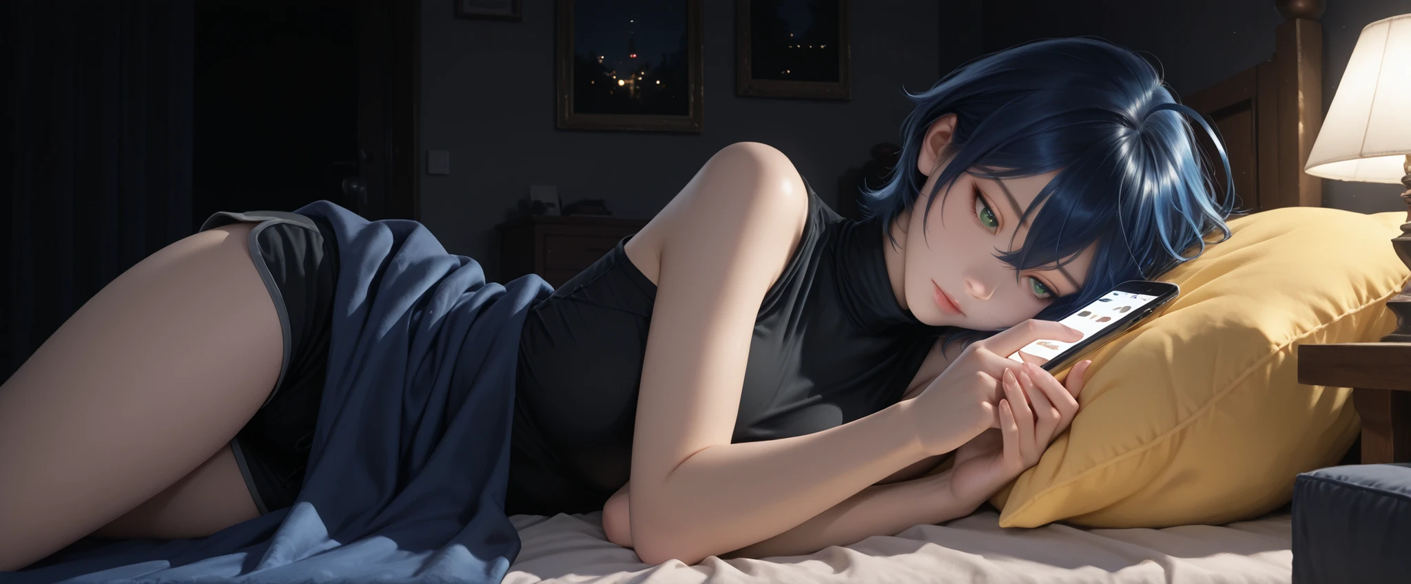 almost realistic, almost realistic, almost realistic, front view, 1 girl - she is Belle, 1girl, green eyes, short hair, blue hair, hair between eyes, ahoge, medium breast, black turtleneck tank top, black hotpants, high detailed, best quality, young lady, teenager, ultra detailed, highres, best quality, nighttime, indoors, dark bedroom, yellow bed, yellow bedsheets, yellow pillows, dark blue blanket, laying on bed, on her side, head on pillow, facing viewer, both hands on her phone, staring at her phone, dark gray walls, alone, cowboy shot, masterpiece, most aesthetic, surface shading, dark cinematic lighting, beautiful details, perfect details, accurate, anatomically correct, beautiful fingers, 5 fingers per hand, no extra fingers
