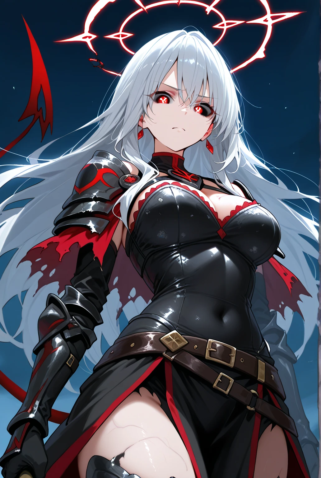 An adult woman half fox and wolf, wide breasts, red eyes, white hair, very angry, in a black little open dress, holding a sword