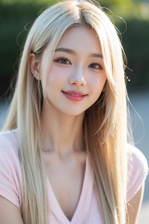 Sunburn marks on tanned skin、blush、Blonde bun hair,A cute 17-year-old girl with a cute look, A strong wind blows my hair in front of my face、Beautiful big sparkling eyes, Cute eyes hidden by long bangs、Yawn、No visible nasolabial folds、A short, light-colored 、A summer shirt with cute colorful patterns、Korean Beauty、Cheeks