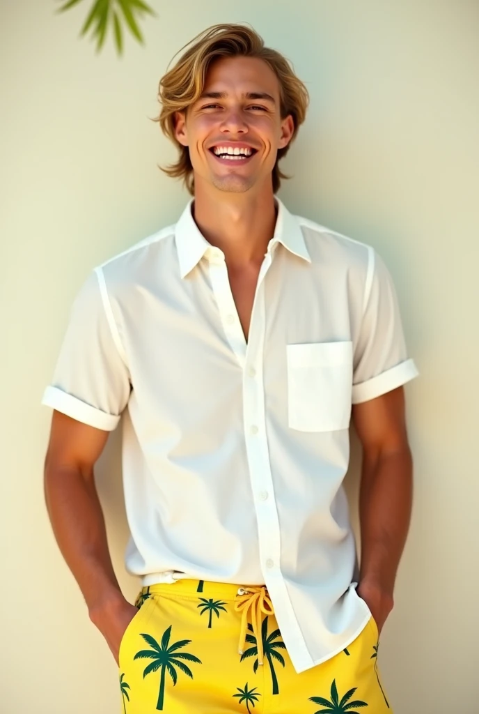 1 male, (Male model) hot skin, Masterpiece, Superior quality, the most handsome man in the world, por Sightseeing, perfect body, handsome male model, Attractive male lead of 20 to 25 years of perfect age., Orange hair, summer, Seawater, blue sky, White clouds, Solid and handsome young man in transparent white shirt., transparent white fabric, off shoulder jacket, exposed chest muscles, thigh gap, ((exposed transparent black briefs)), (male focus), (soft body)), SMILE, Lovely, dynamic pose, fresh and seductive, dramatic lighting , whole body shot, whole body shot, young face, whole body, hairless body, tall and thin, shaped body, famous, white or light skin, young face, Toned body, HD, natural skin tones, Soft lighting, high detail, Audience View, Photography, detailed skin, real people, realism, Realistic Optics, crazy details, Face details, Maximum Magnification , exaggerated surrealism , movie , a lot , light and intricate detail , high detail , high detail , digital paint , Art Station , conceptual art , soft focus , sharp , illustration , unreal engine 5, 8k, art by Ross Tran and Greg Rutkowski and Alphonse Mucha, HD, 8k, Screen only for men .8k Ultra HD, digital slr camera, low light, high quality, movie grain, Fujimovie XT3, men&#39;s fan , 2-person model, two people