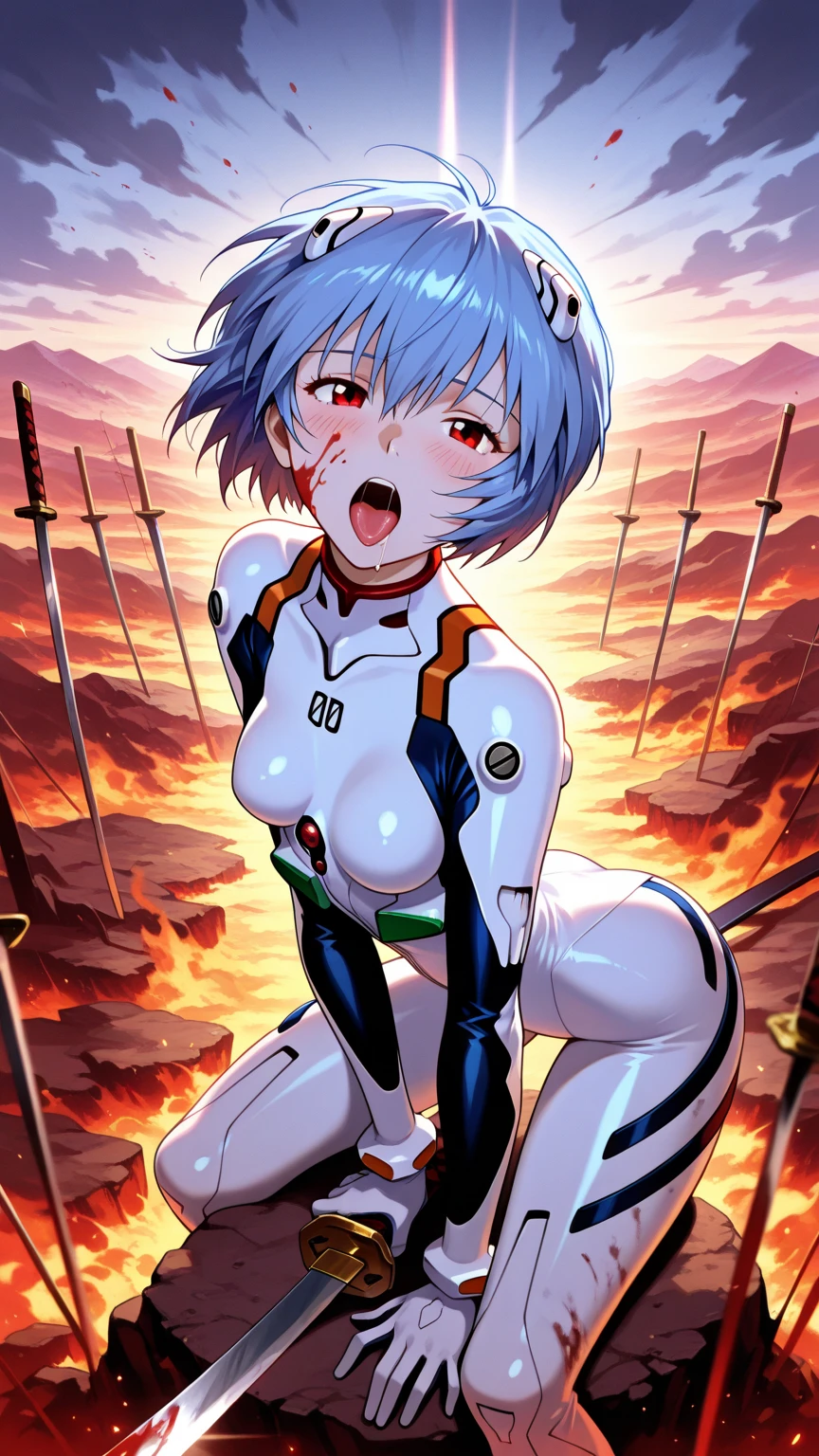 ((Highest quality, 8k wallpaper)),(masterpiece, Highest quality),Very detailed,High resolution,(Official Art:1.3),(((Anime screenshots,Black outline))),One girl,alone, Break mer1,(Rei Ayanami {Neon Genesis Evangelion,}1.2),masterpiece, best quality, outdoor, 1girl, Solo,red eyes,short hair,blue hair, (White plug suit:1.4), skin tight,(Tired look, A look of regret, Struggled, Half-closed eyes, fear, humiliation, Frightened, anxiety:1.3),(((Covered in sweat, Mass sweat, Sweating profusely,steam:1.7))), (lying on side, arms behind back:1.8), (Dirty Costume with mud,gym storeroom:1.5),(((dirty:1.4))),(((Tape Gag:1.4))),(((tape, gagged, bondage, bound, Tape shibari:1.4))),