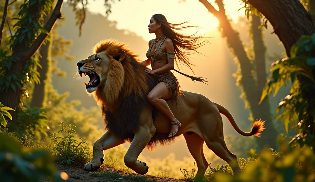 Japanese Elf Woman Riding Lion, 20s, moss growing on skin, disgusting, dirty