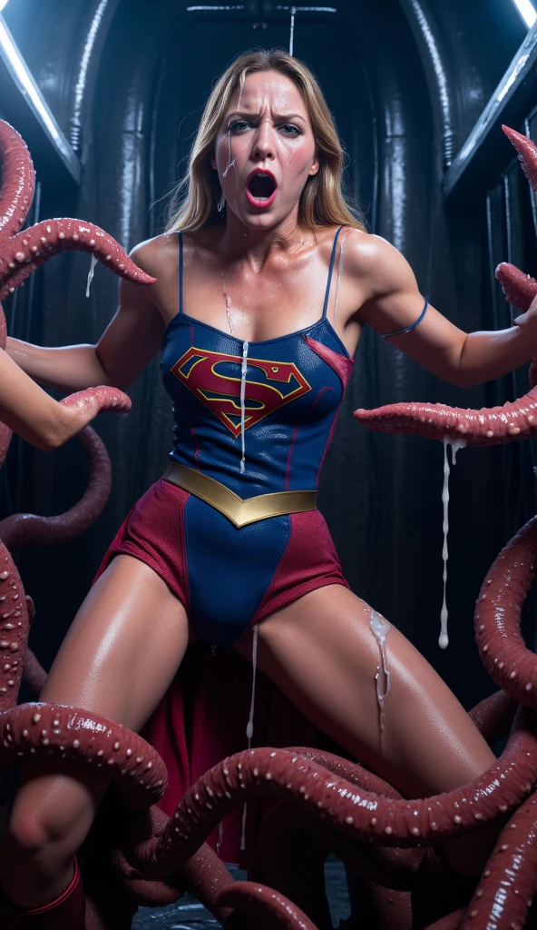 No background、Supergirl is attacked by tentacles、Tentacle nest、Tentacles dig into the crotch、(thick tentacles wrap around the neck:1.3)、Arm gets swallowed by tentacle、(The tentacles swallowed both of her legs.、Spread it wide.:1.9)、Crying Supergirl、Eyes closed、(Insert the tentacles:1.6)、(((Beautiful legs in black tights.)))、(((Legally express your suffering beauty)))、((((Make the most of your original images)))、(((Supergirl Costume)))、(((Beautiful Hair)))、(((suffering)))、(((Please wear black tights....、Wear red boots)))、((Best image quality、8k))、((Highest quality、8k、masterpiece:1.3))、(((Preserve background )))、Sharp focus:1.2、Beautiful woman with perfect figure:1.4、Slim Abs:1.2、Wet body:1.5、Highly detailed face and skin texture、8k