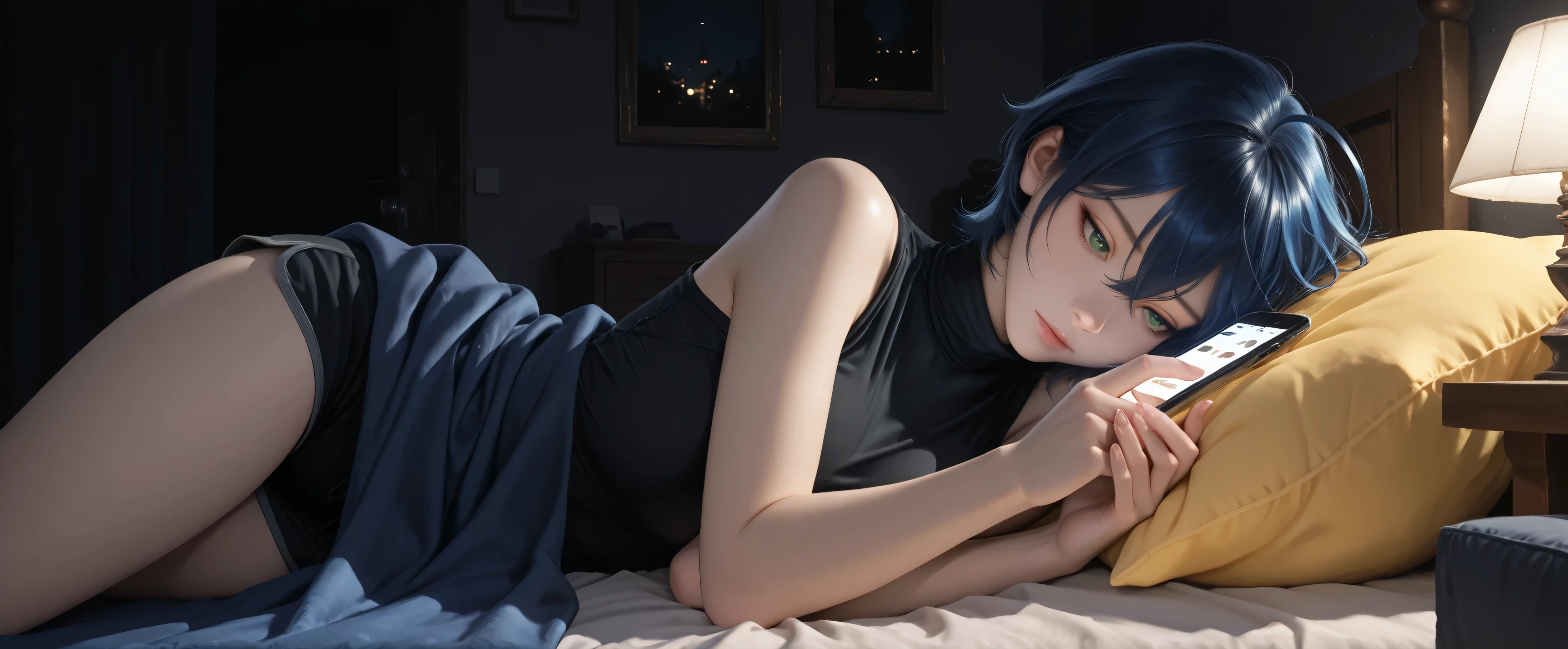 almost realistic, almost realistic, almost realistic, front view, 1 girl - she is Belle, 1girl, green eyes, short hair, blue hair, hair between eyes, ahoge, medium breast, black turtleneck tank top, black hotpants, high detailed, best quality, young lady, teenager, ultra detailed, highres, best quality, nighttime, indoors, dark bedroom, yellow bed, yellow bedsheets, yellow pillows, dark blue blanket, laying on bed, on her side, head on pillow, facing viewer, both hands on her phone, staring at her phone, dark gray walls, alone, cowboy shot, masterpiece, most aesthetic, surface shading, dark cinematic lighting, beautiful details, perfect details, accurate, anatomically correct, beautiful fingers, 5 fingers per hand, no extra fingers