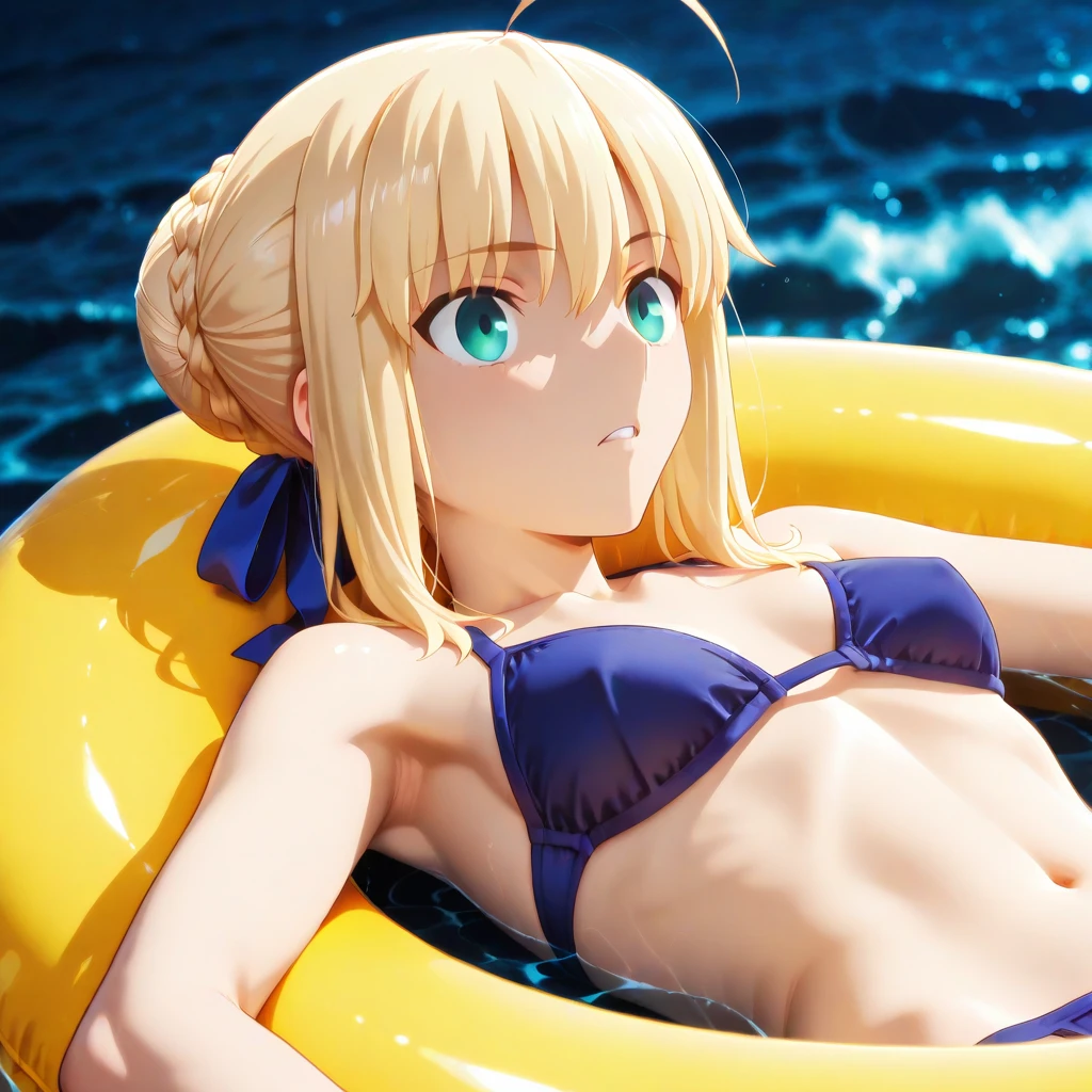 NSFW、(((On all fours, looking up at the viewer)))、full body portrait、((Artoria Pendragon))、(((swimsuit:1.2)))、((Wearing only a swimsuit))、(((On a beautiful sunny beach)))、view audience、slender body type、Glossy skin、((Saber Artoria))、blonde、green eyes、chignon hair、shortcut、adult woman、Glossy skin、（highest qualityの、highest quality、Beautiful CG,）realistic、A very happy smile、(((Royal blue fancy bikini)))、belly button costume、(((Blue ribbon around bare neck)))、sexy body、erotic body、(((Artoria Pendragonの髪型)))、bare skin arm、Bare skin legs、(((２Beautiful legs of a book)))、(((Place your hands on the sand)))、(((The ground is just sand)))