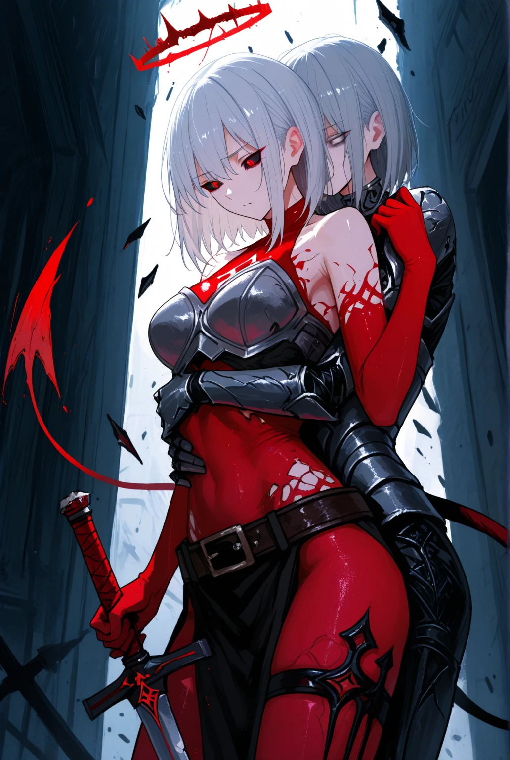 gorgeous demon girl, short silver hair, amber eyes, red and black horns, red and black dragon wings, red and black short sleeve body suit, chest exposed, blood sword, chains, evil grin, black high heel boots, black lace gloves, black lace necklace with rubies, dragon tail