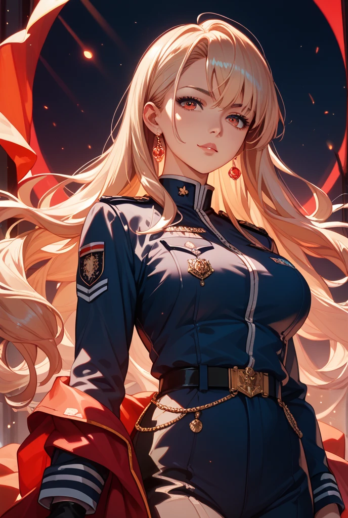 Masterpiece, best quality, White headphone, blonde, korean woman, tall, slender, ??????????? suit, red gauntlet, red greave, red cape, beautiful face, detailed face, detailed fingers, show full height, anime pastel, cleavage, flying, show stars and planets