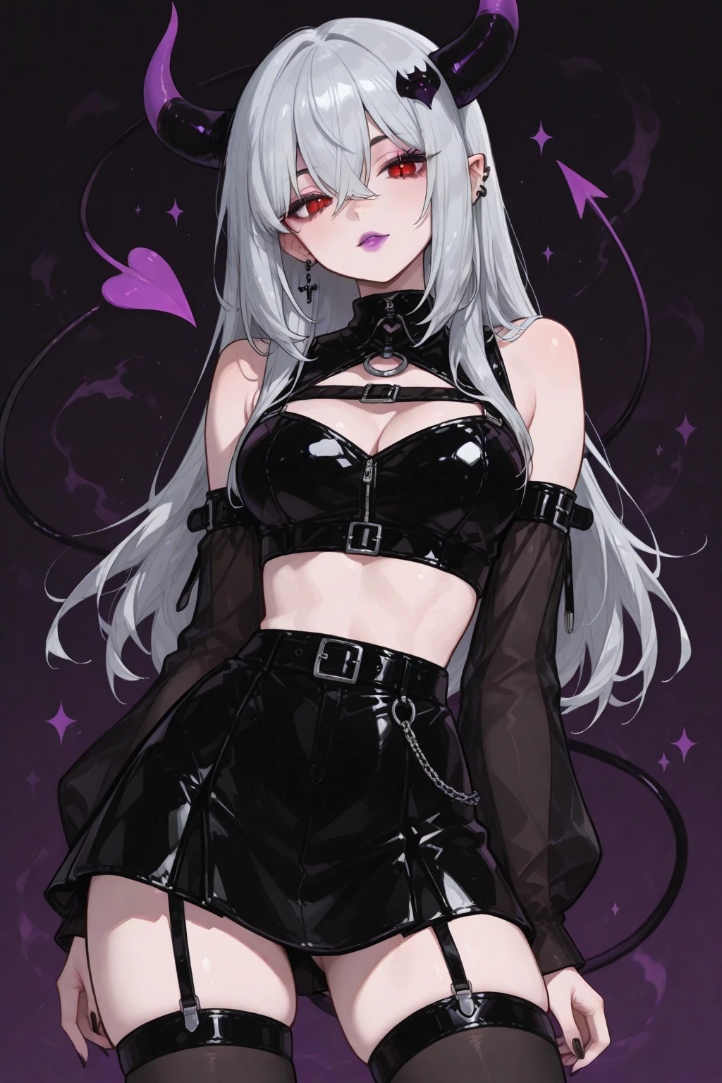 1girl, solo, full-body view, pastel-goth, eyeliner, black lipstick, pastel color clothing, choker, nose piercing