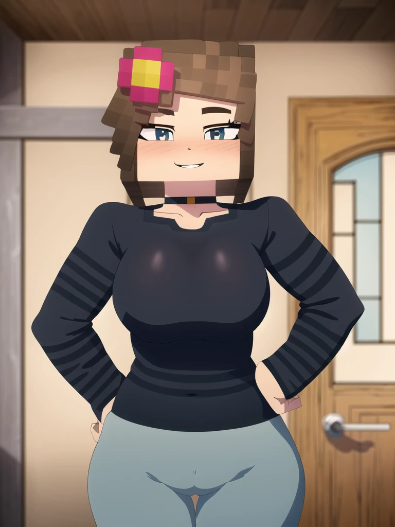 Ranmachan, cabello rojo, Cabello con trenza, ojos azules, ojos detallados, cuerpo completo, CuteSexyRobutts, blusa negra apretada, crop-top negro, ombligo descubierto, ropa pegada al cuerpo, tanga sexy