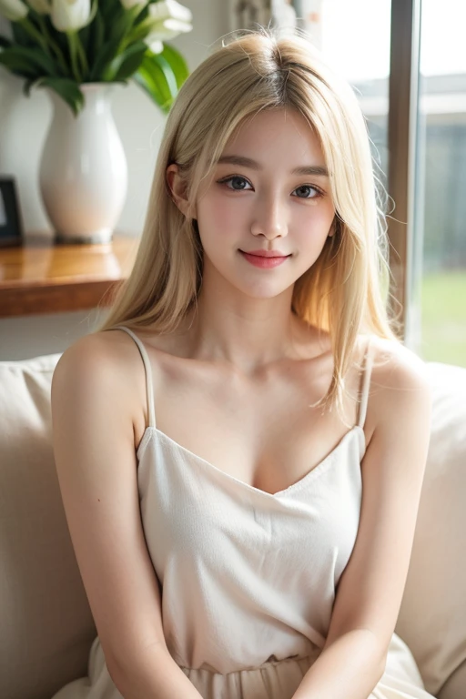 Raw photo, solo female, japonese, best quality, high resolution, photorealistic, hyper detailed, beautiful woman with (long brushed silky blonde hair:1.2), taken (webcam photo angle:1.2,), ((wearing complete top and bottom casual loungewear:1.2)) comfy clothing, polar bear patterned graphic, (interior cozy suburban home, (afternoon)), (comfortable), lovely sweet woman, dimples, ultra high res, RAW, relaxed arms, (hands are not in her lap), open, inviting gestures, hands on pillow, warm and pleasant, posting from home living room, snuggling inside, feeling lazy girl, intimate POV, (she's close to webcamera:1.3))、a beautiful woman (High detailed skin:1.2), detailed eyes, stunning eyelash details, perfect hazel pupils, ((video call)), ASMR raw photo, (blushing:1.7,slight smile ), Leica camera quality, Digital SLR, Soft lighting, High quality, FujifilmXT3, afteroon sun、Taken inside her home、Sit down close to her, skin peachfuzz and pore details, radiant、natural Golden blonde hair pulled back, A slight smile, eye gazing with her, intimate relaxed style photoshoot