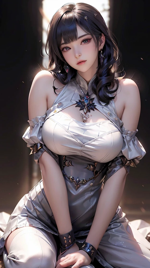 photorealistic, high resolution, soft light,1women, solo, hips up, (detailed face),tattoo, jewelry, bare shoulders, black background, black dress, black gloves, black hair, breasts, closed mouth, cowboy shot, dress, earrings, expressionless, fingerless gloves, floating hair, gloves, gold earrings, gold hairband, hair flower, hair ornament, hairband, jewelry, large breasts, light particles, long hair, looking at viewer, off-shoulder dress, off shoulder, petals, red eyes, short hair with long locks, sidelocks, solo, spikes, thighs, two-sided dress, two-sided fabric