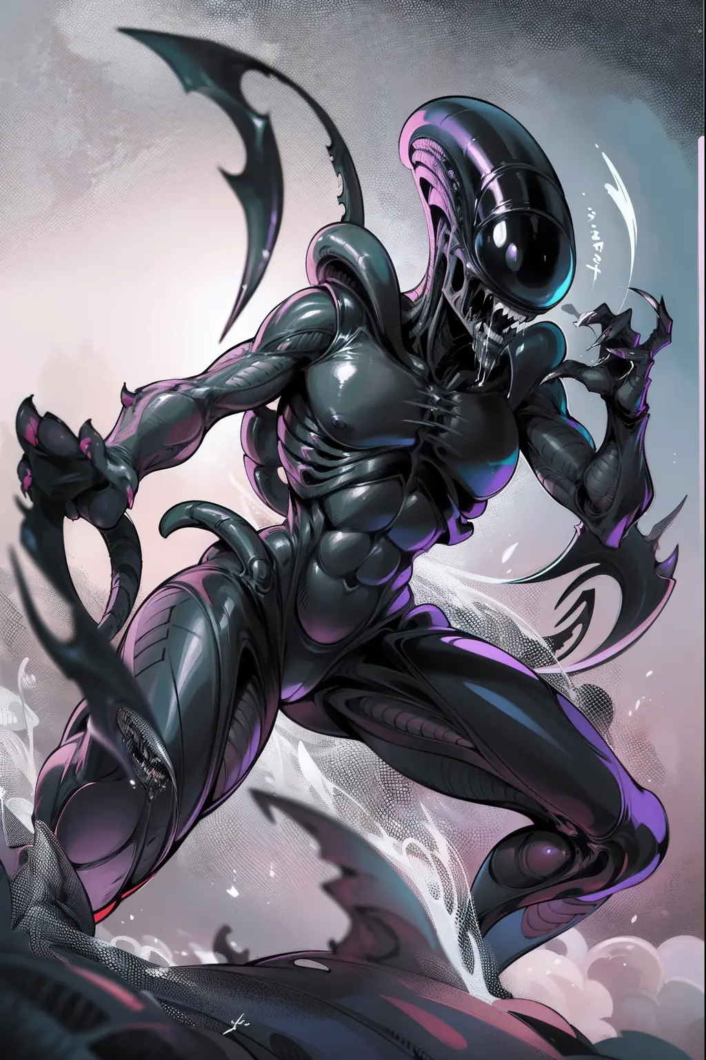 monstro, pele colorida, pele negra, dentes afiados, scorpion tail, (1monstro masculino), (digital) (in detailed warehouse gym, (Sobrecasaco)) , melhor qualidade, (Xenomorfo do filme Alien), (Sem aparencia feminina)