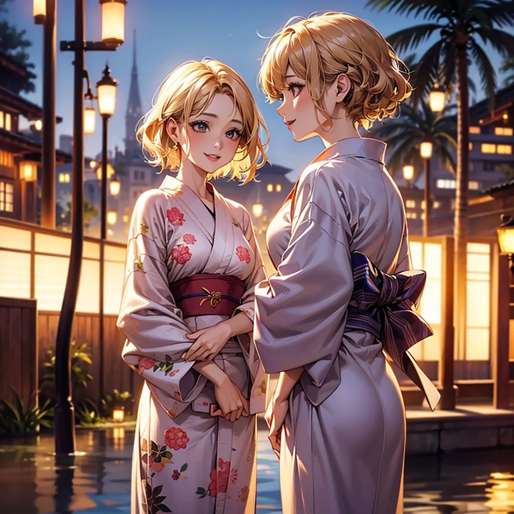 (masterpiece, Highest quality:1.2), One girl, (alone), , ((Pastel colored kimono)), (Are standing), Medium chest, Blunt bangs, Short blonde, (blue eyes), Earlobe Earrings, slim, slender feminine figure, Skinny body, blush, null, Nice views, Blur the background, 4K, Open your mouth, river, Hotel, smile, (with own hands), Tanabata, night, moon, clavicle, Cleavage, Japanese made sandals, outside, A piece of paper,