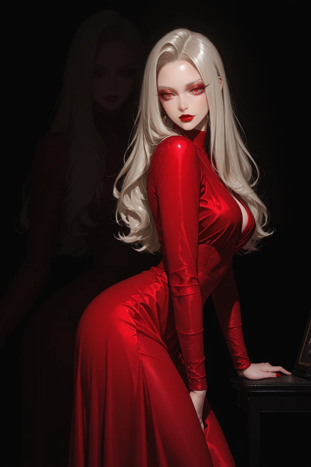 A slim blonde female vampire wearing a shiny blood-red tight dress studded with diamonds from breast to soles of her feet, a long black cape over her shoulders, and a gold bracelet on her left wrist, Art Deco, elegant Gothic style, 8k,CG

